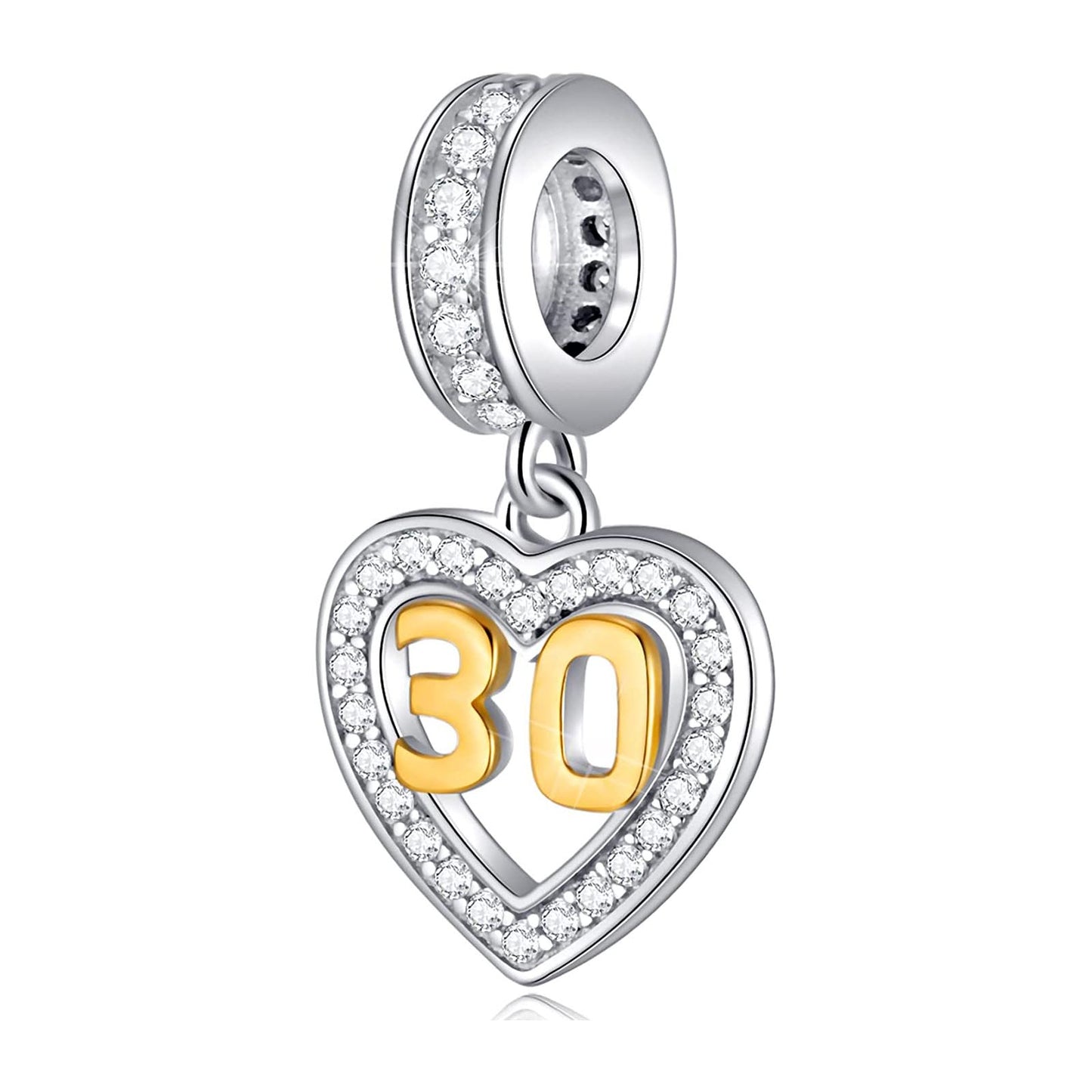 Golden 30th Birthday Number Dangle Charm for Bracelet, S925 Sterling Silver