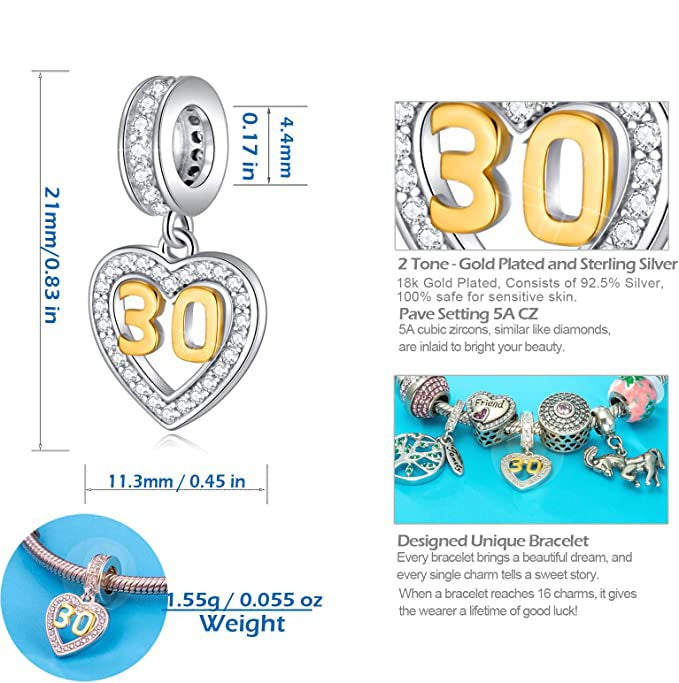 Golden 30th Birthday Number Dangle Charm for Bracelet, S925 Sterling Silver