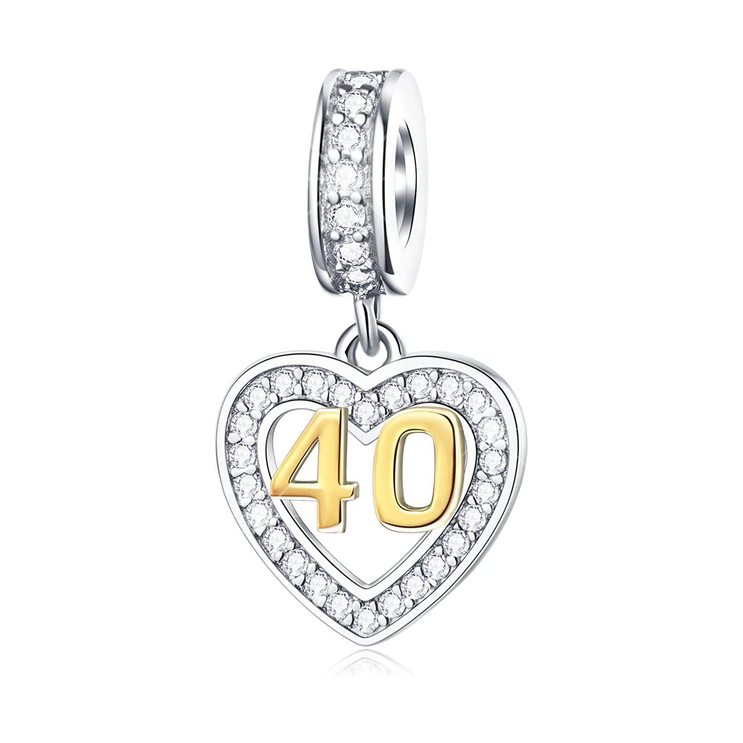 Golden 40th Birthday Number Dangle Charm for Bracelet, S925 Sterling Silver