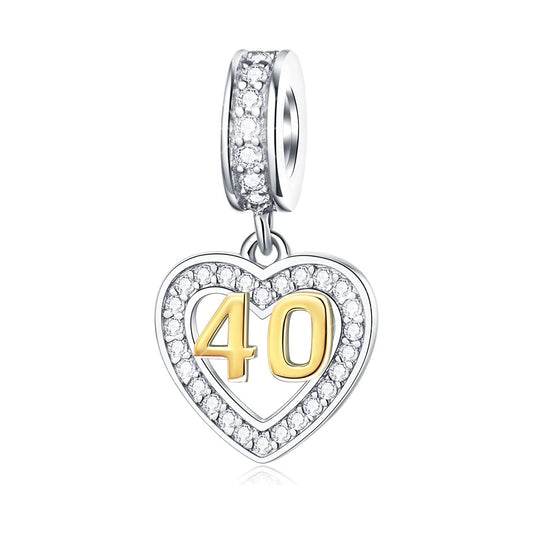 Golden 40th Birthday Number Dangle Charm for Bracelet, S925 Sterling Silver