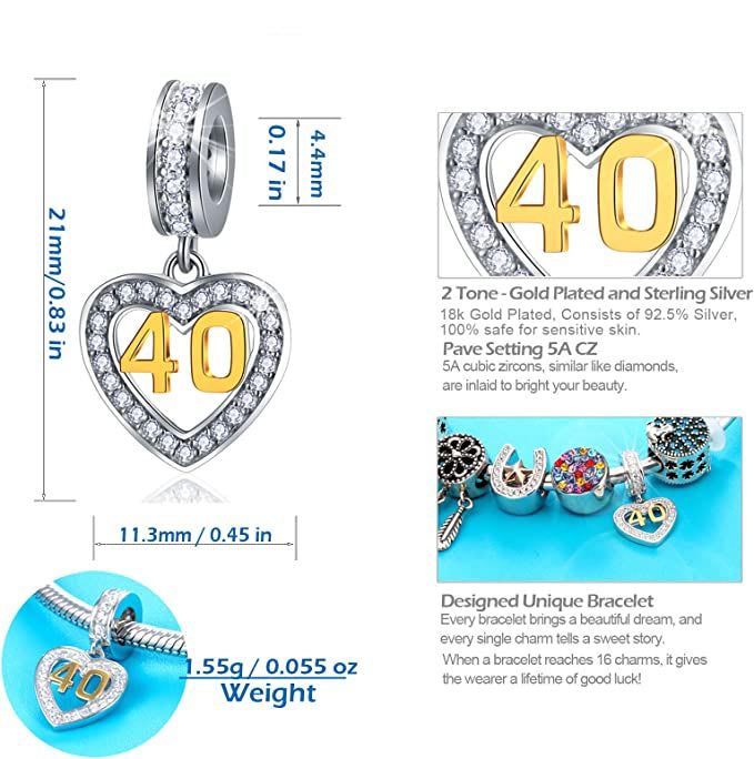 Golden 40th Birthday Number Dangle Charm for Bracelet, S925 Sterling Silver