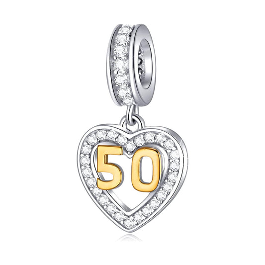 Golden 50th Birthday Number Dangle Charm for Bracelet, S925 Sterling Silver