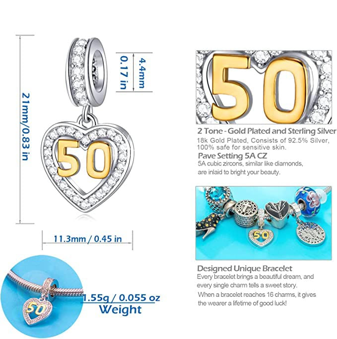 Golden 50th Birthday Number Dangle Charm for Bracelet, S925 Sterling Silver