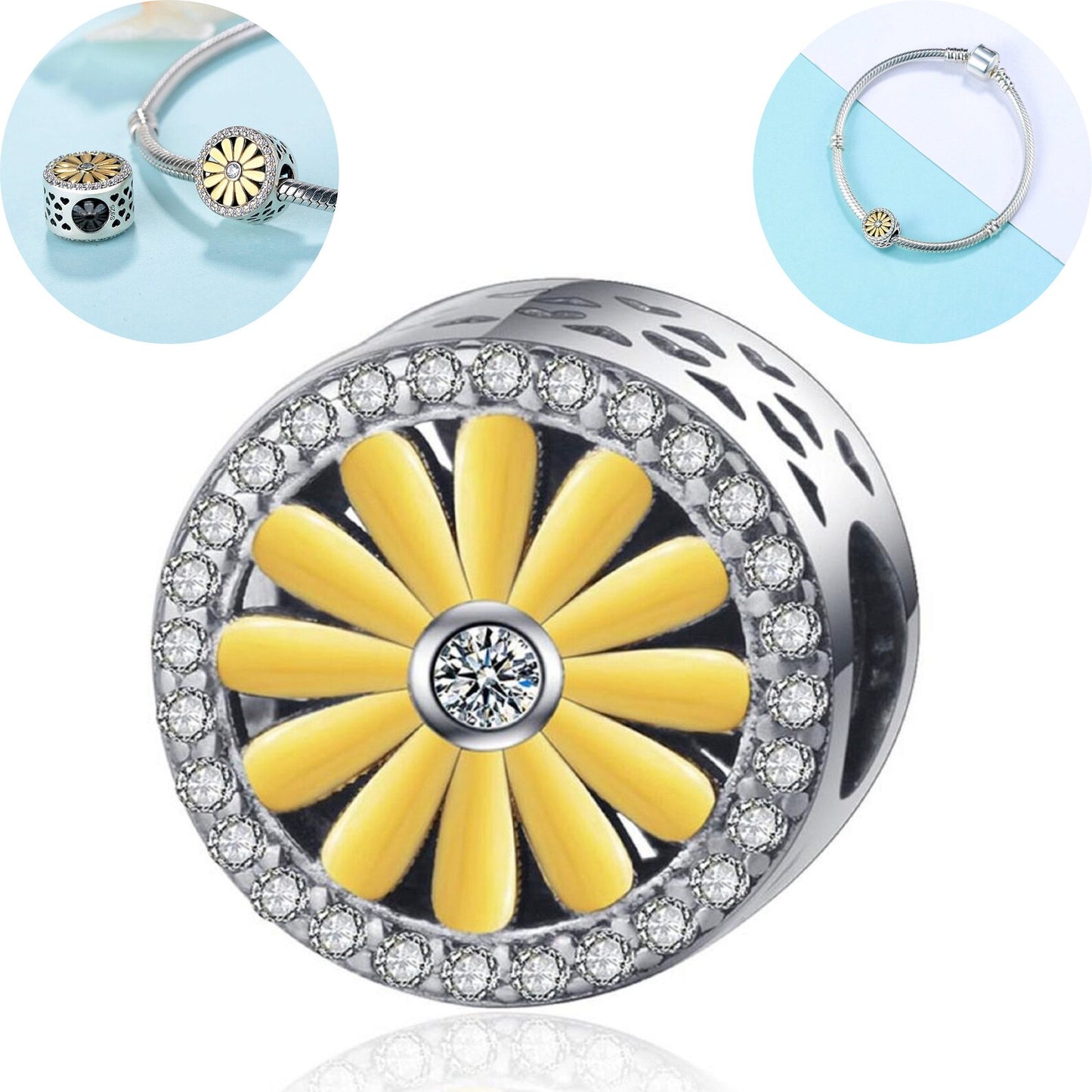 Golden Dandelion Flower Daffodil Charm for Bracelet, S925 Sterling Silver