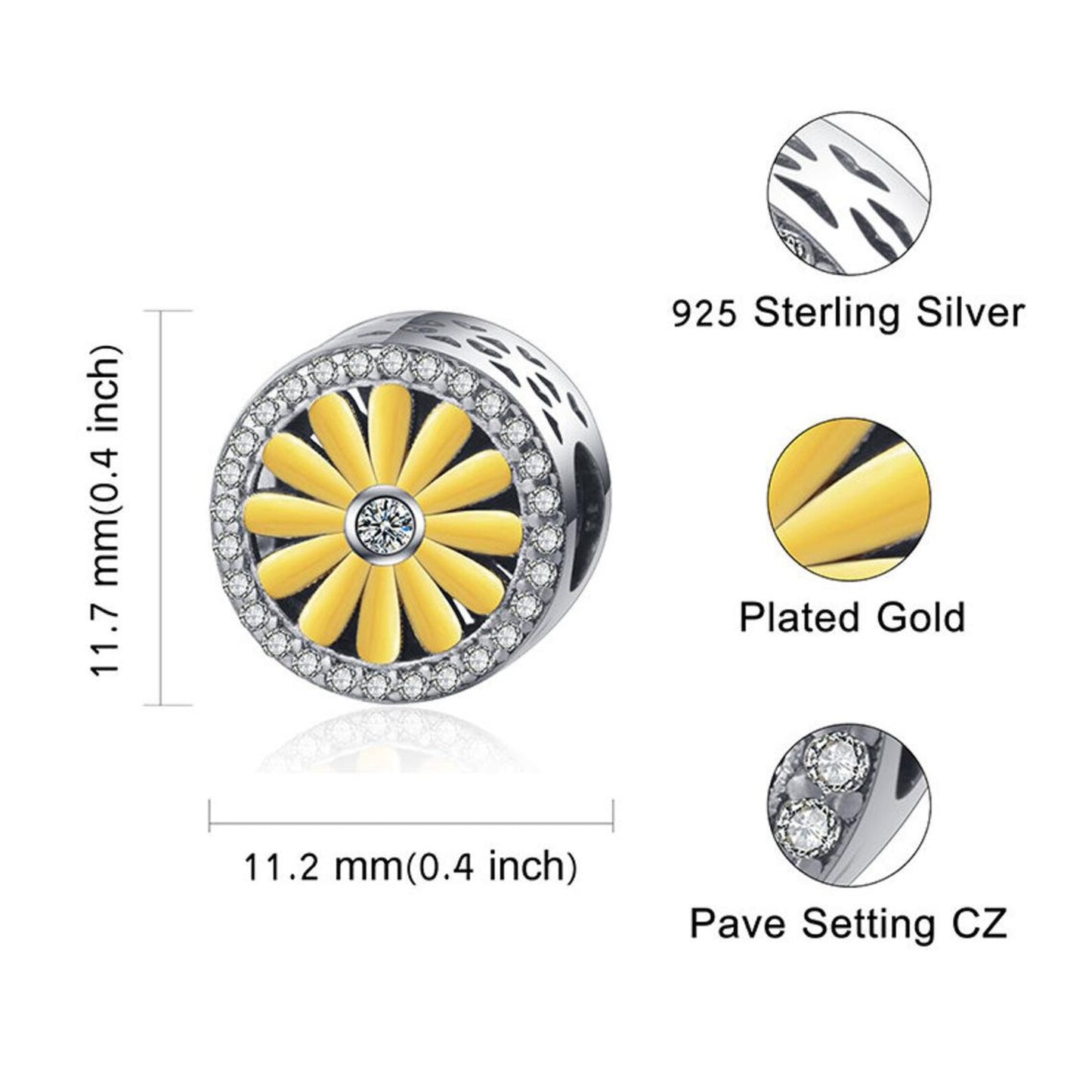 Golden Dandelion Flower Daffodil Charm for Bracelet, S925 Sterling Silver