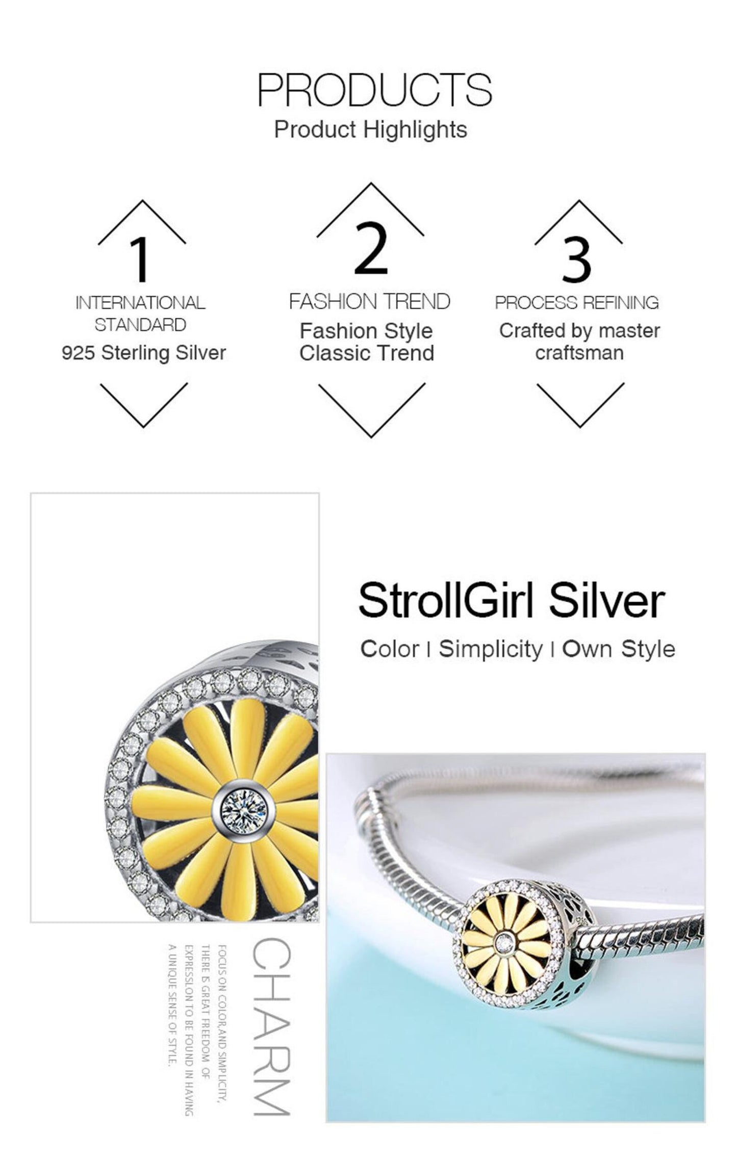 Golden Dandelion Flower Daffodil Charm for Bracelet, S925 Sterling Silver