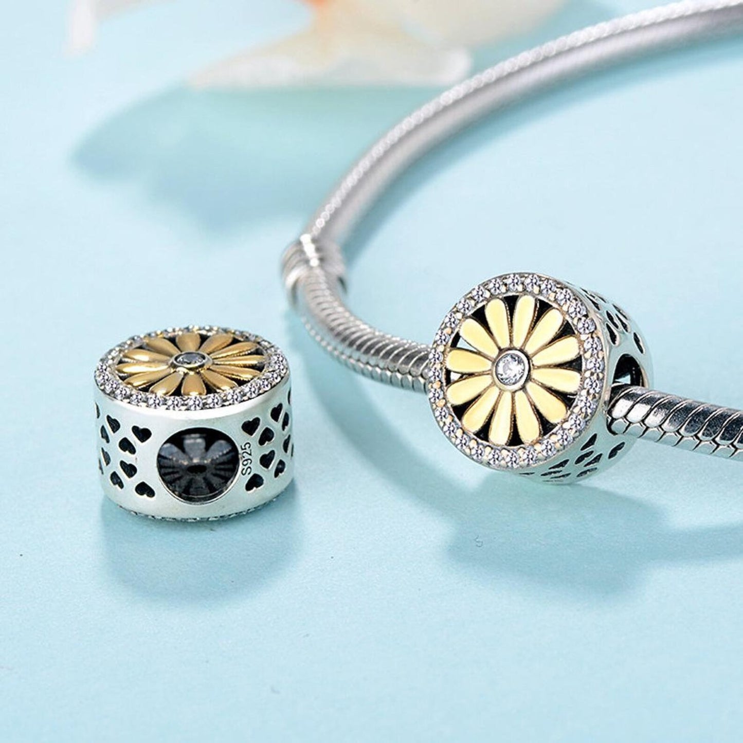 Golden Dandelion Flower Daffodil Charm for Bracelet, S925 Sterling Silver