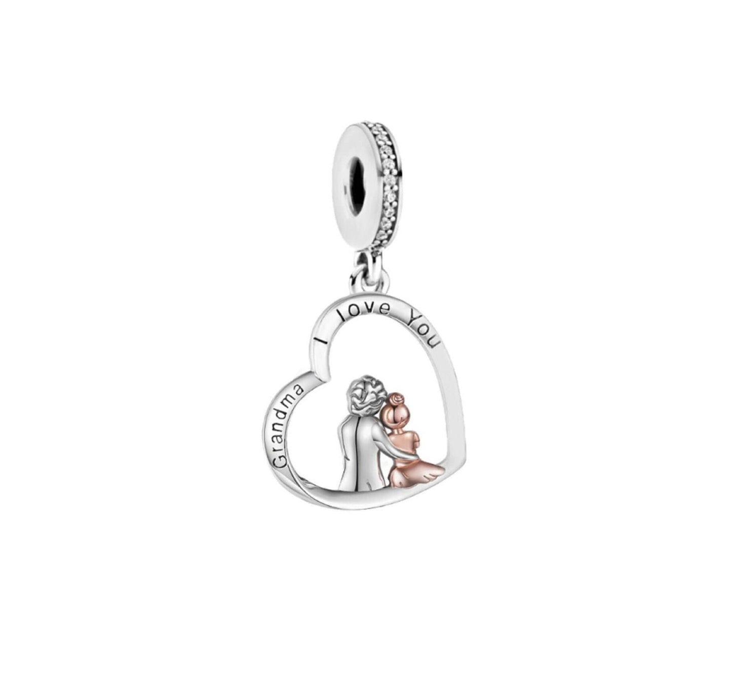 Grandma I Love You Heart Dangle Charm for Bracelet, S925 Sterling Silver