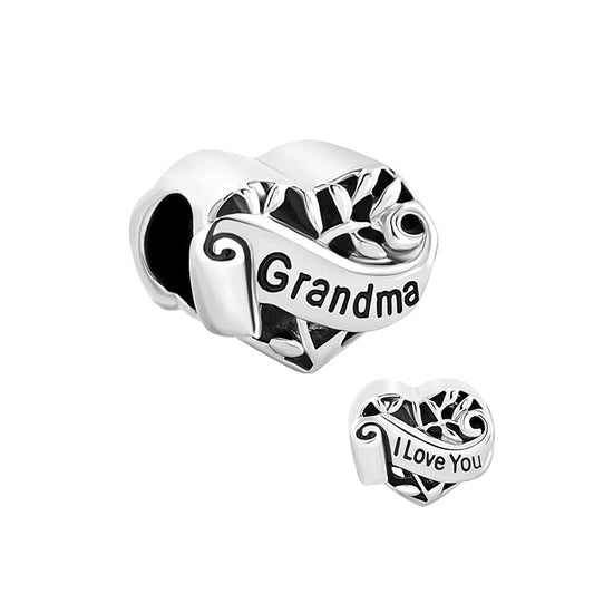 Grandma I Love You Heart Charm for Bracelet, S925 Sterling Silver