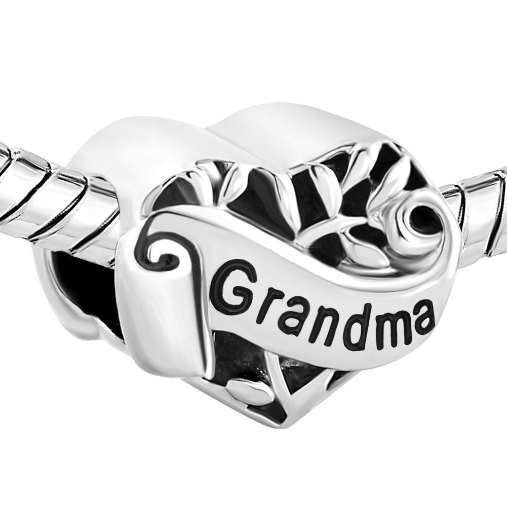 Grandma I Love You Heart Charm for Bracelet, S925 Sterling Silver