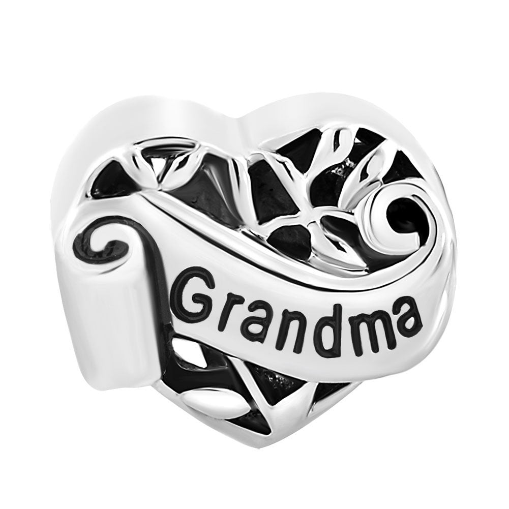 Grandma I Love You Heart Charm for Bracelet, S925 Sterling Silver