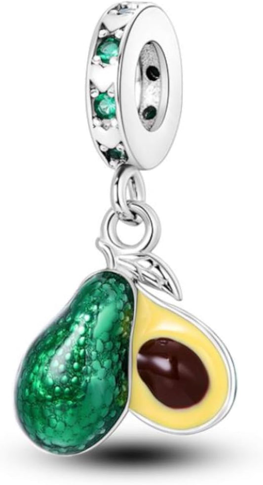 Green Avocado Dangle Charm for Bracelet, S925 Sterling Silver