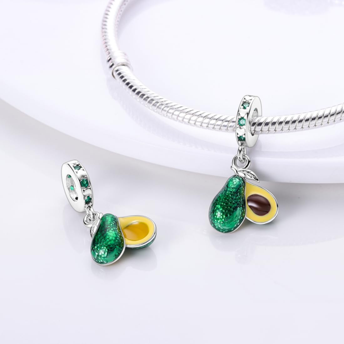 Green Avocado Dangle Charm for Bracelet, S925 Sterling Silver