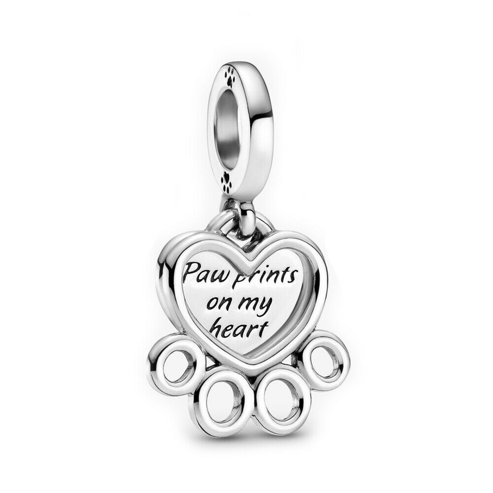 Dog Paw Print & Heart Dangle Charm For Bracelet, S925 Sterling Silver