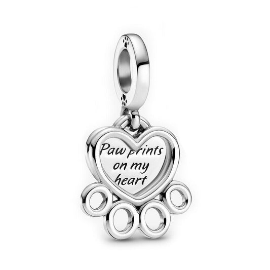 Dog Paw Print & Heart Dangle Charm For Bracelet, S925 Sterling Silver