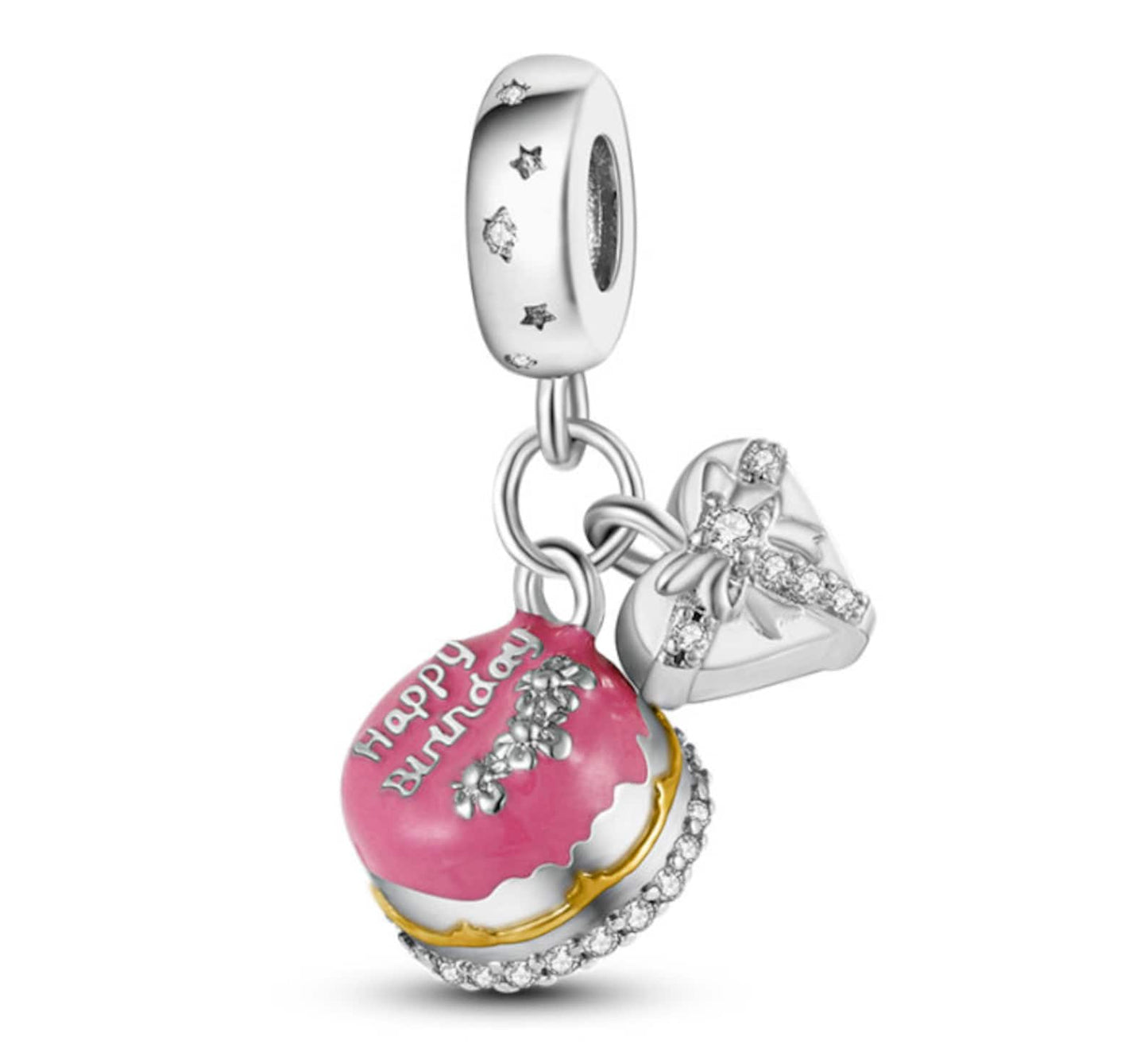 Happy Birthday Cake Dangle Charm for Bracelet, S925 Sterling Silver