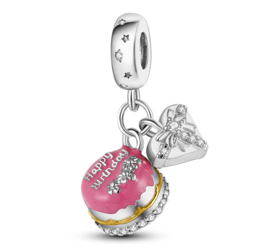 Happy Birthday Cake Dangle Charm for Bracelet, S925 Sterling Silver