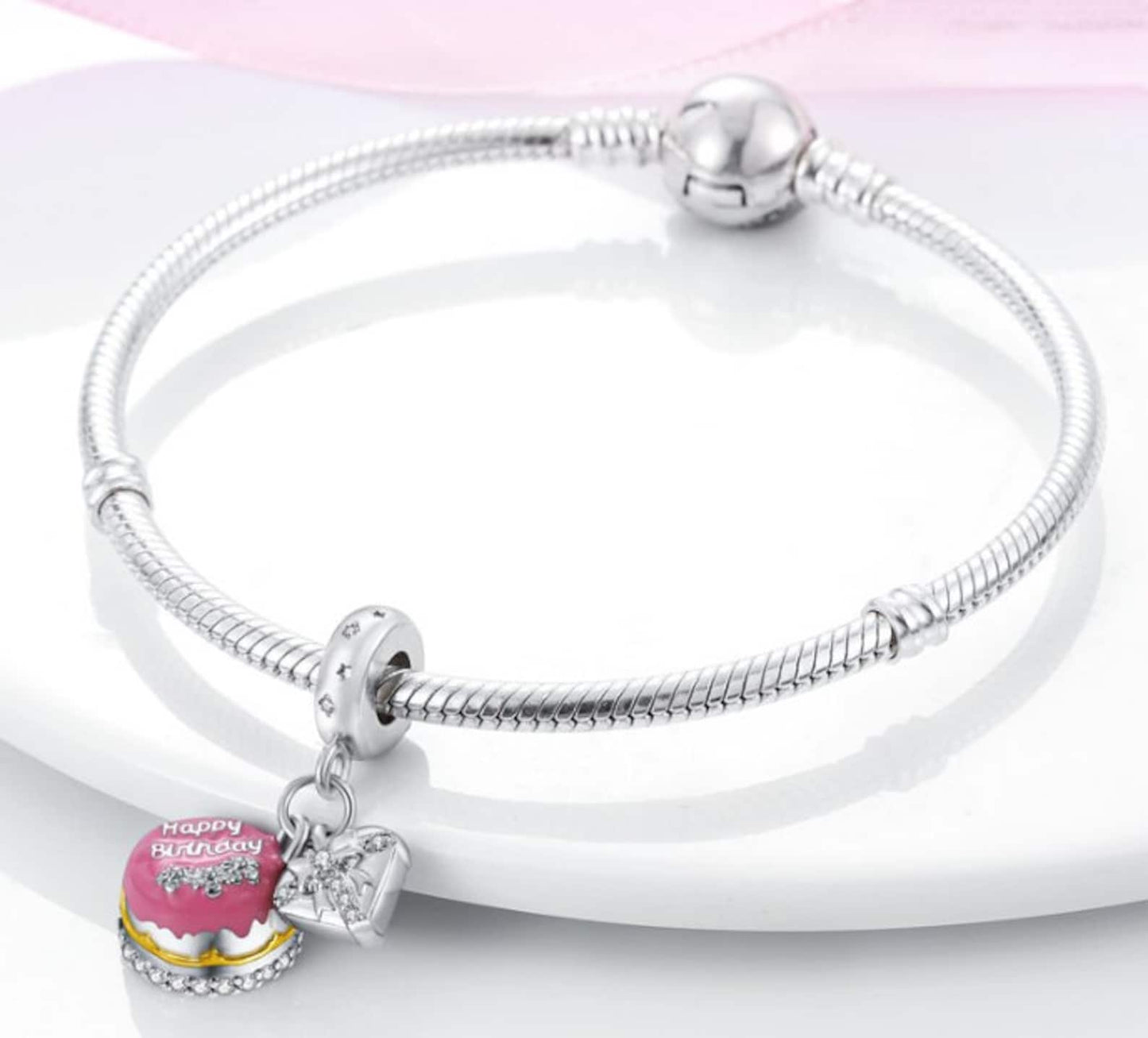 Happy Birthday Cake Dangle Charm for Bracelet, S925 Sterling Silver