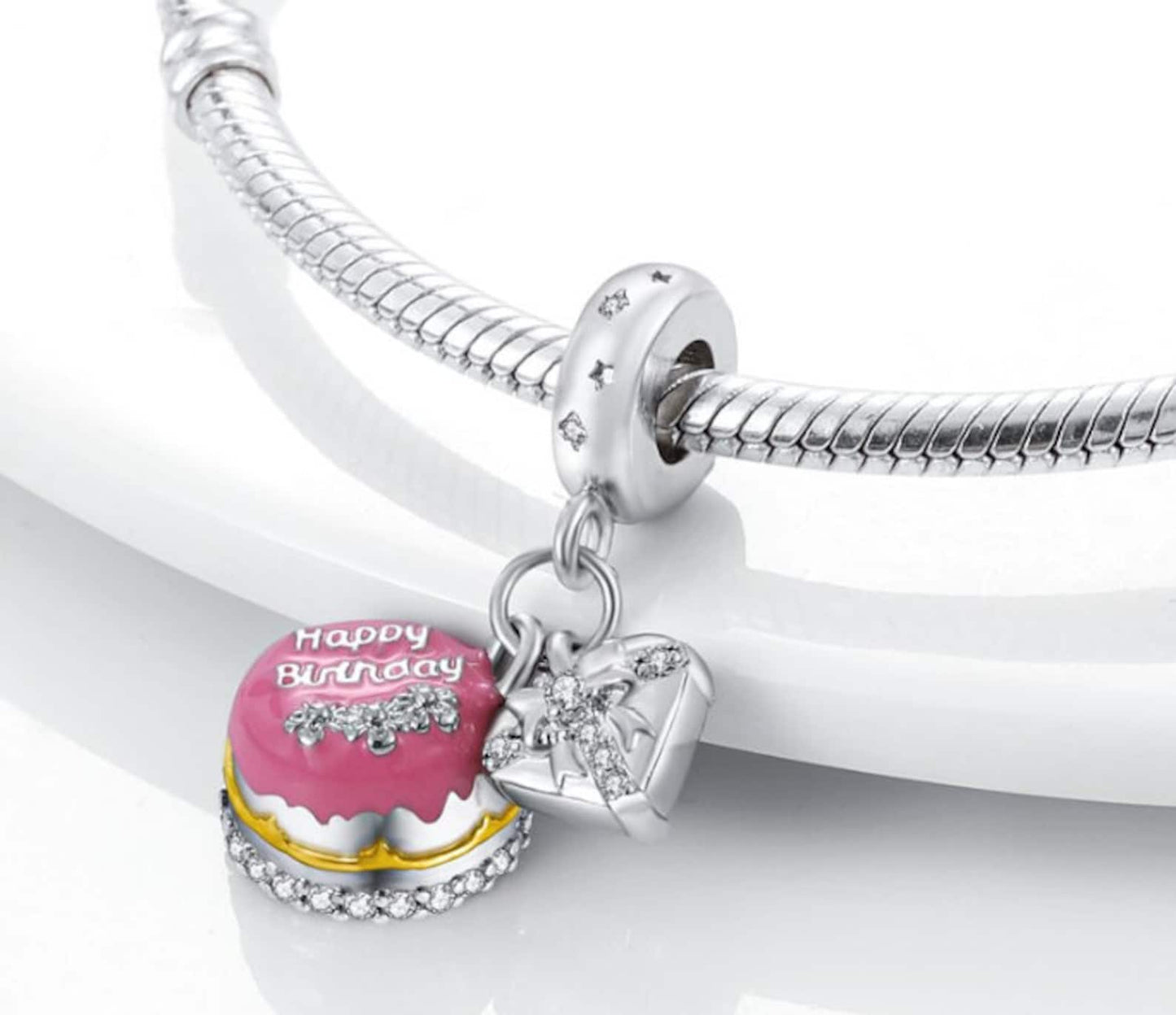 Happy Birthday Cake Dangle Charm for Bracelet, S925 Sterling Silver