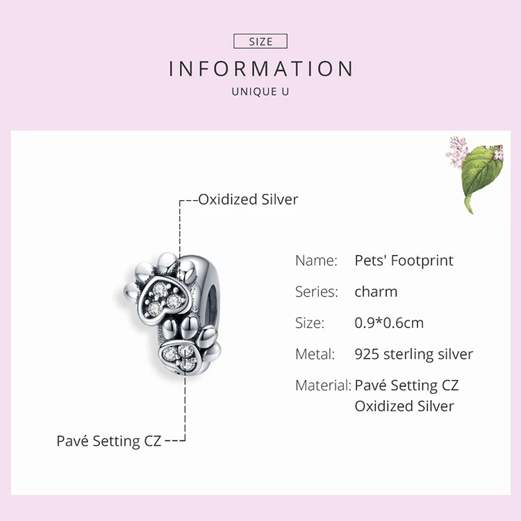 Hearts and Paw Print Spacer Charm For Bracelet, S925 Sterling Silver