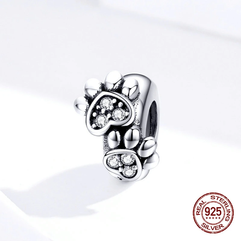 Hearts and Paw Print Spacer Charm For Bracelet, S925 Sterling Silver