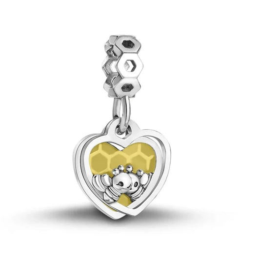 Honey Bee Honeycomb Heart Dangle Charm for Bracelet, S925 Sterling Silver