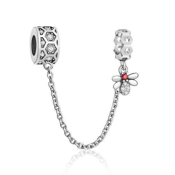 Honey Bee Safety Chain Charm for Bracelet, S925 Sterling Silver