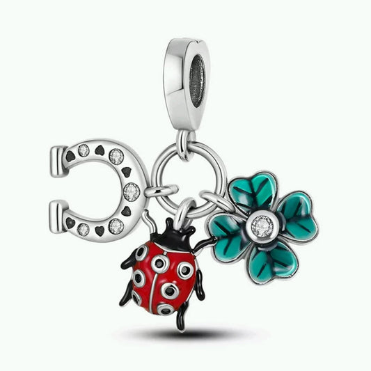 Horse Shoe Clover Ladybug Dangle Charm for Bracelet, S925 Sterling Silver