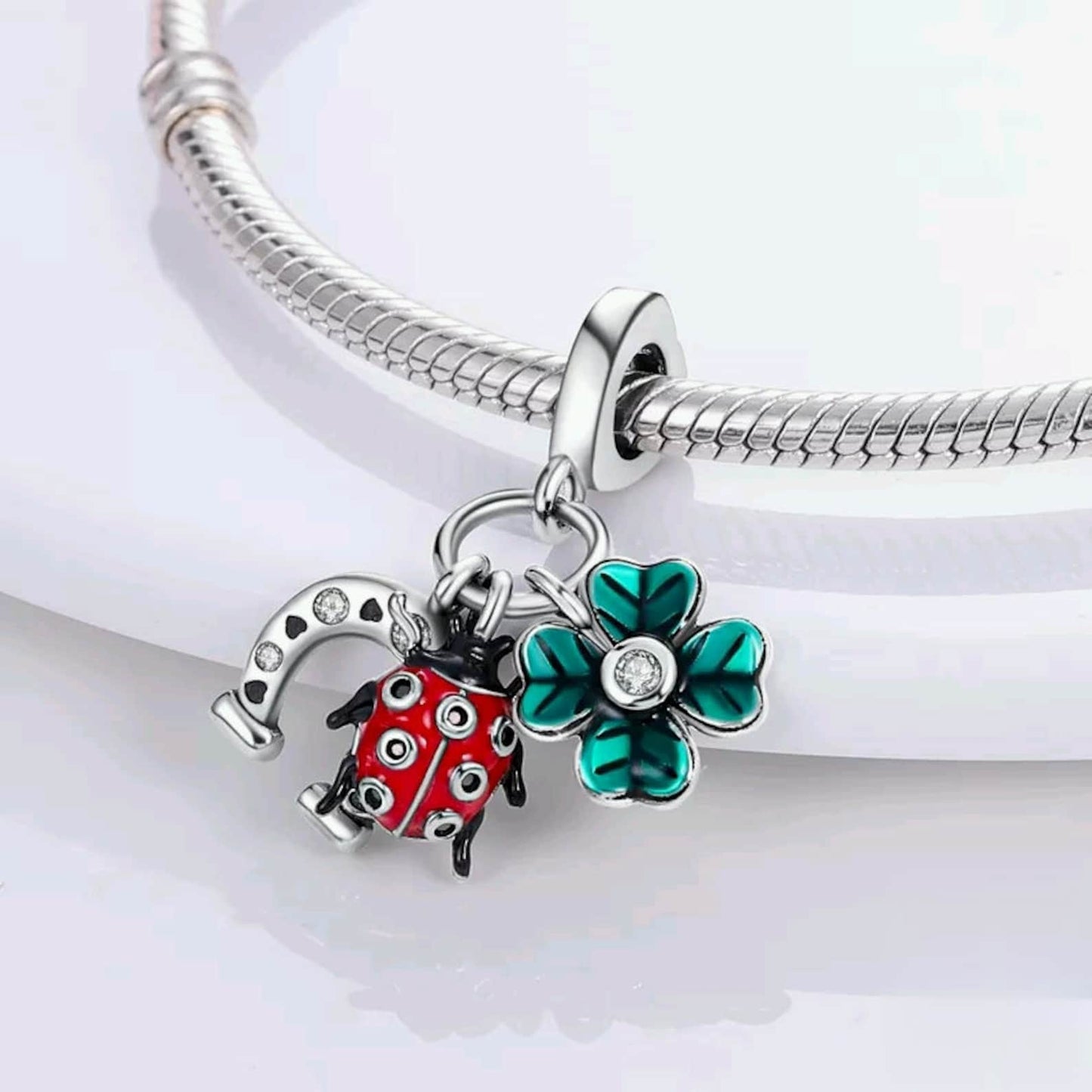 Horse Shoe Clover Ladybug Dangle Charm for Bracelet, S925 Sterling Silver