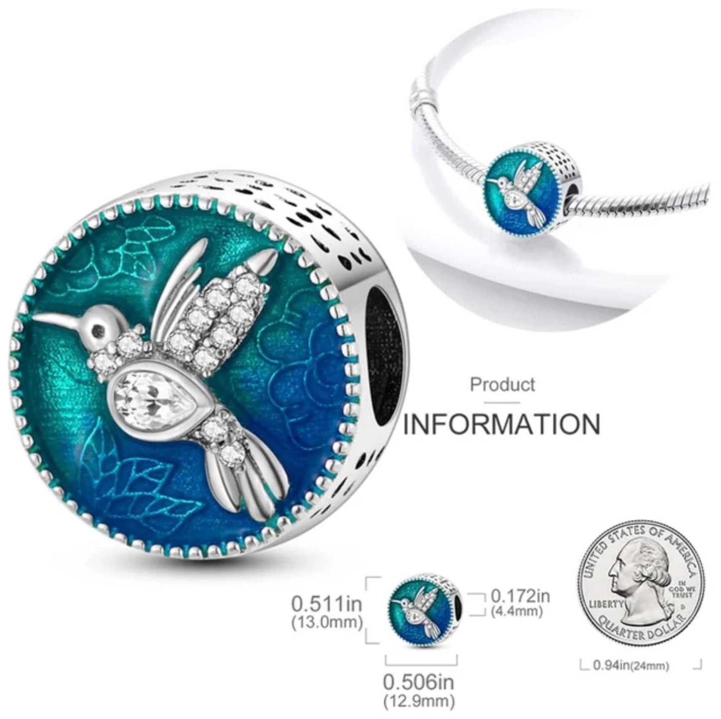 Hummingbird Bead Charm for Bracelet, S925 Sterling Silver