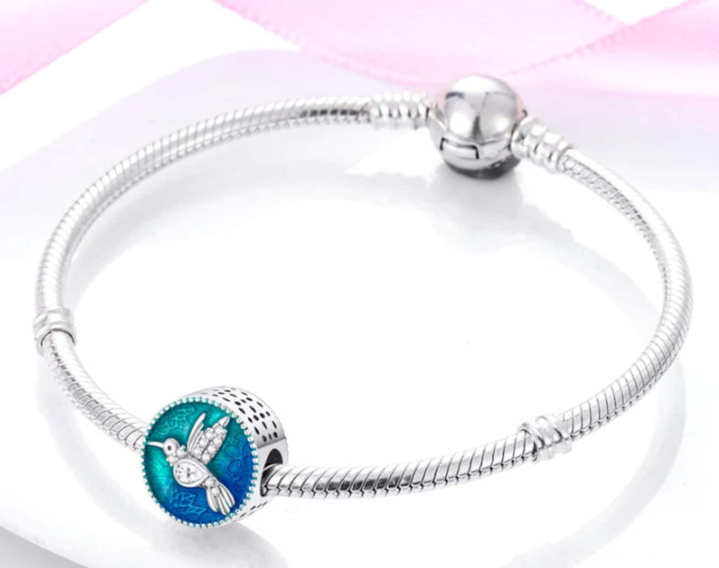 Hummingbird Bead Charm for Bracelet, S925 Sterling Silver