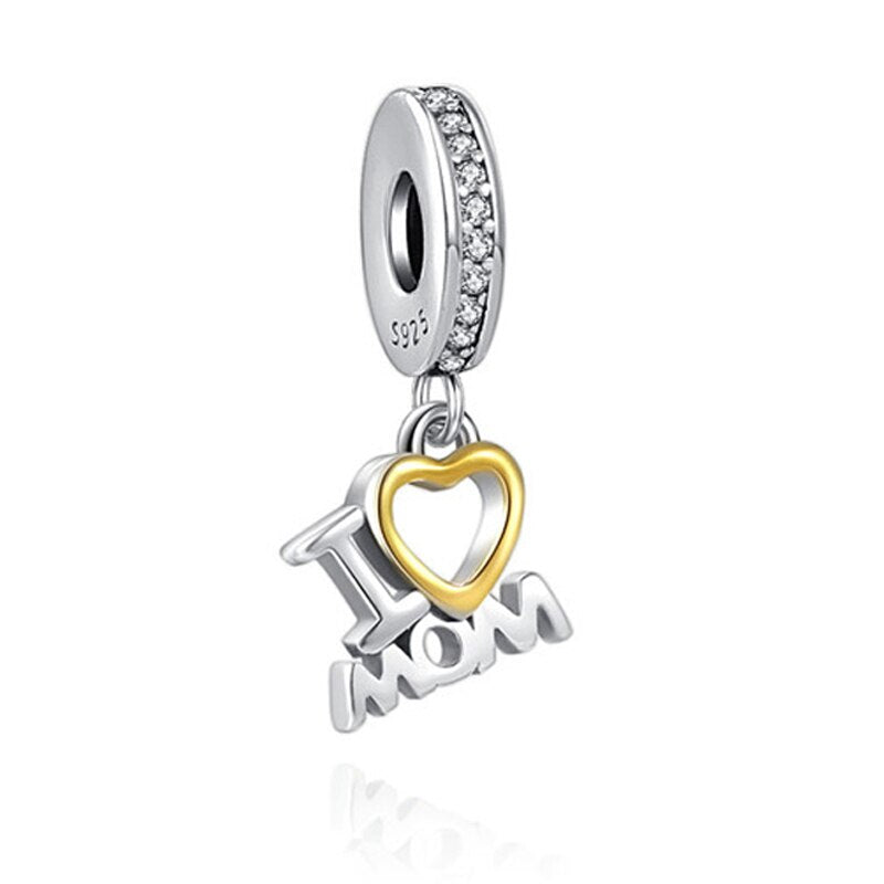 I Love Mom Dangle Charm for Bracelet, S925 Sterling Silver