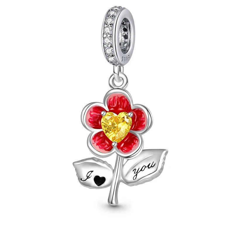 I Love You Blossom Pendant Charm for Bracelet, S925 Sterling Silver