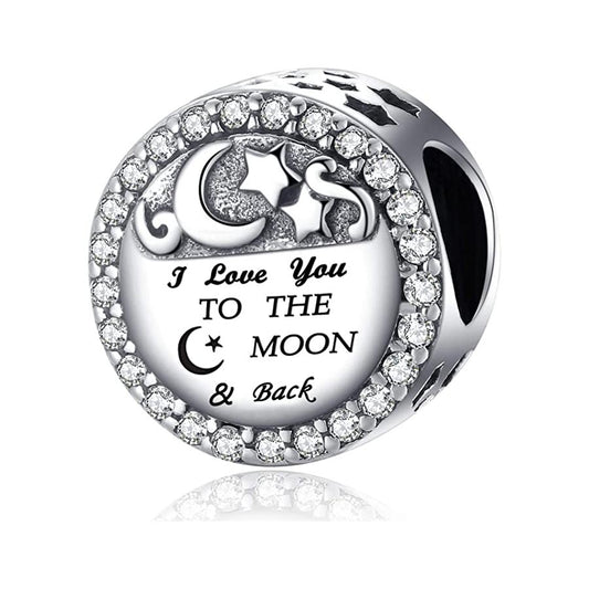 I Love You to The Moon and Back Charm for Bracelet, S925 Sterling Silver