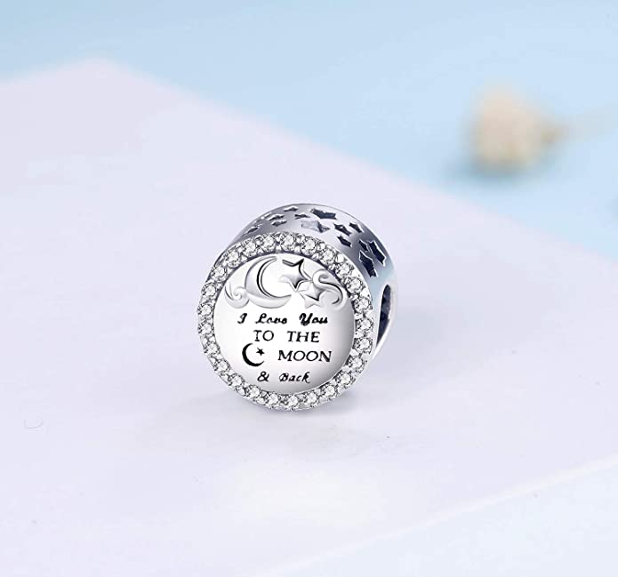 I Love You to The Moon and Back Charm for Bracelet, S925 Sterling Silver