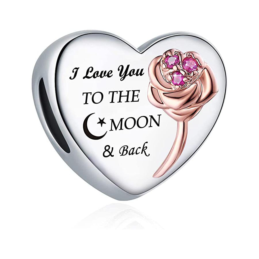 I Love You to The Moon and Back Heart Charm for Bracelet, S925 Sterling Silver