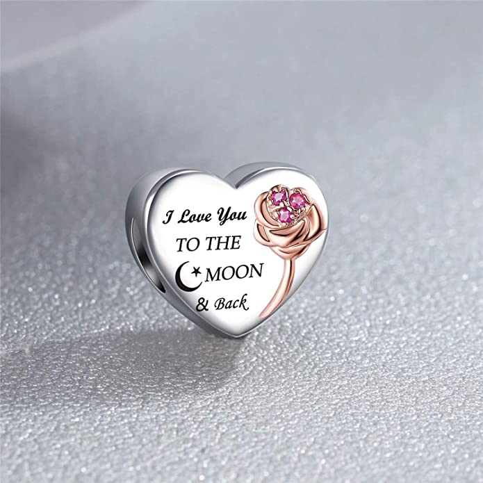 I Love You to The Moon and Back Heart Charm for Bracelet, S925 Sterling Silver