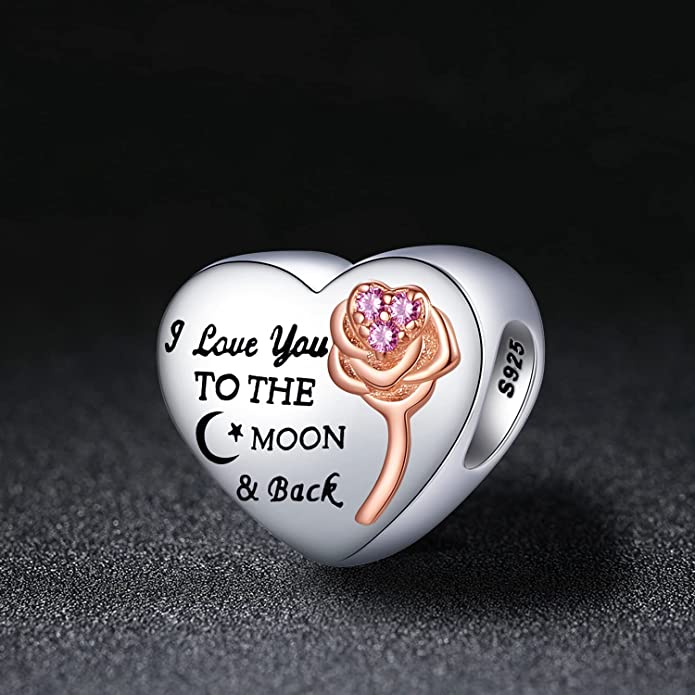 I Love You to The Moon and Back Heart Charm for Bracelet, S925 Sterling Silver