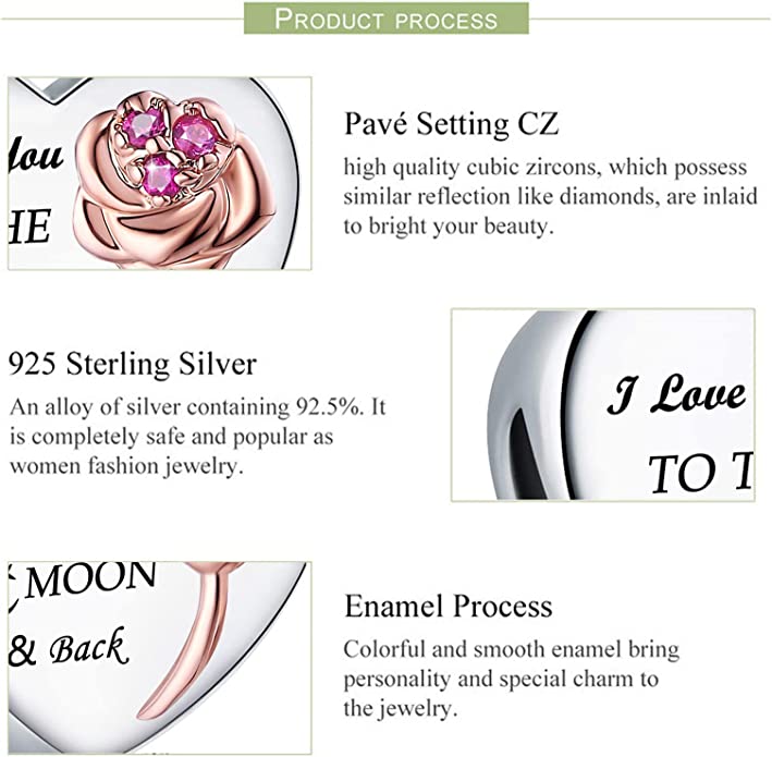 I Love You to The Moon and Back Heart Charm for Bracelet, S925 Sterling Silver