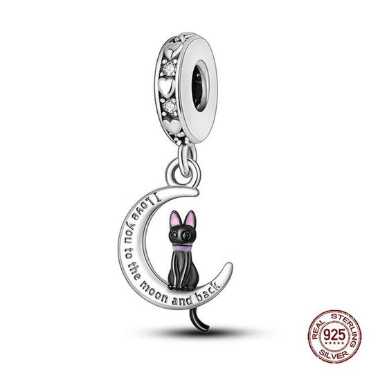 I Love You to the Moon and Back Cat Charm for Bracelet, S925 Sterling Silver