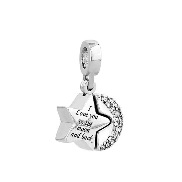 I Love You to the Moon and Back Dangle Charm for Bracelet, S925 Sterling Silver