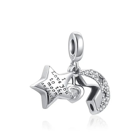 I Love You to the Moon and Back Dangle Charm for Bracelet, S925 Sterling Silver