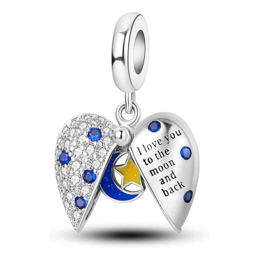 I Love You to the Moon and Back Openable Heart Charm for Bracelet, S925 Sterling Silver