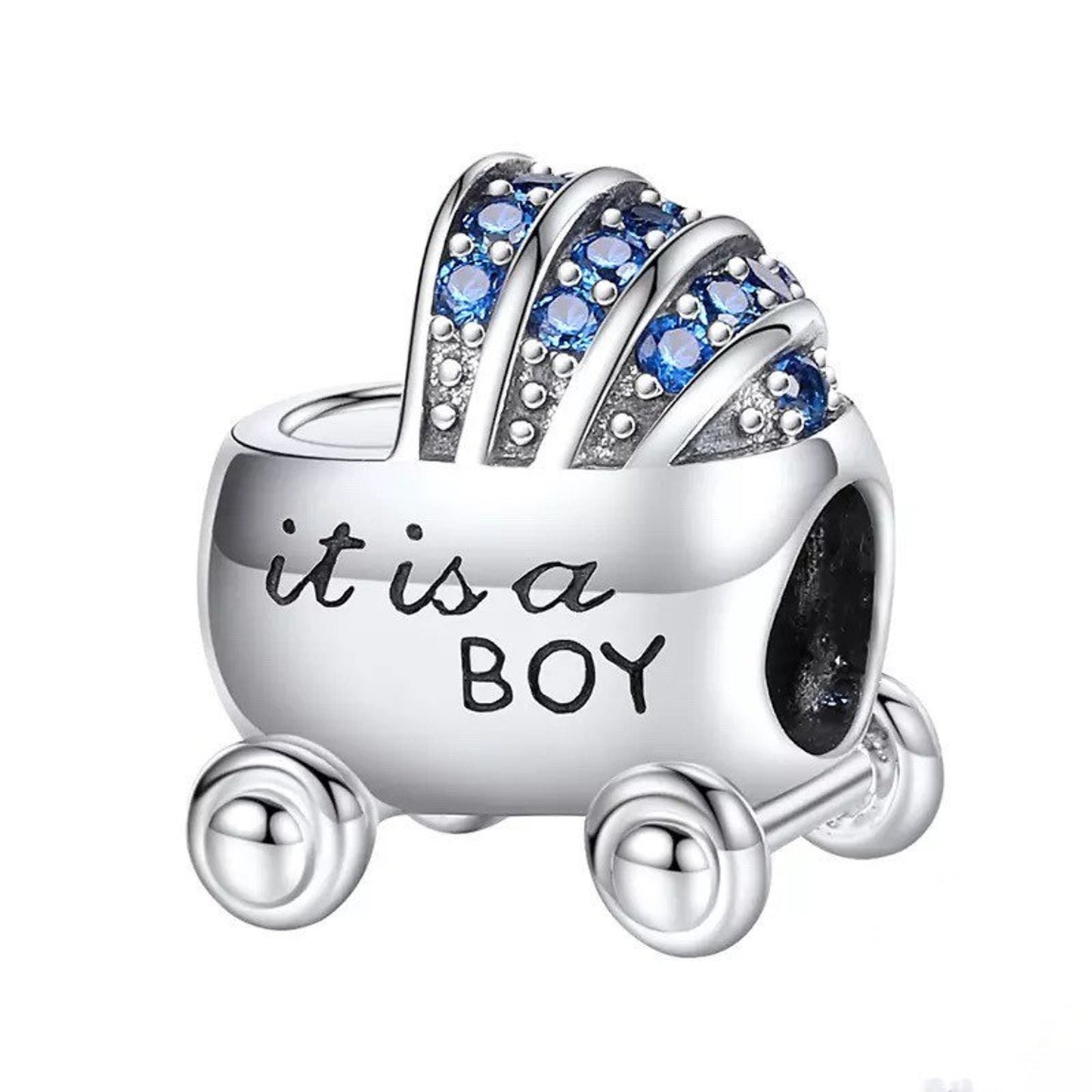 It is a Boy Baby Carriage Buggy Charm for Bracelet, S925 Sterling Silver