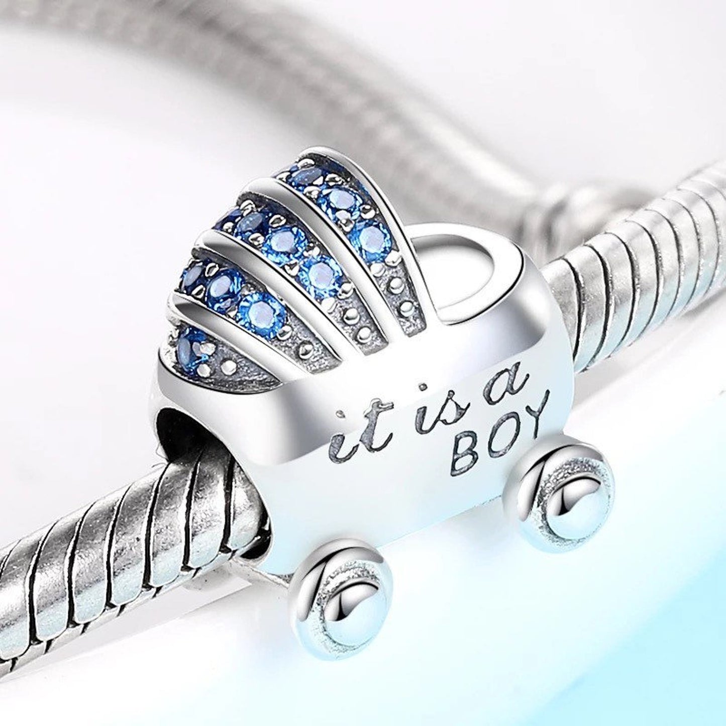 It is a Boy Baby Carriage Buggy Charm for Bracelet, S925 Sterling Silver