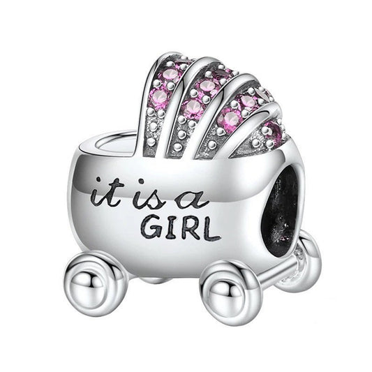 It is a Girl Baby Carriage Buggy Charm for Bracelet, S925 Sterling Silver