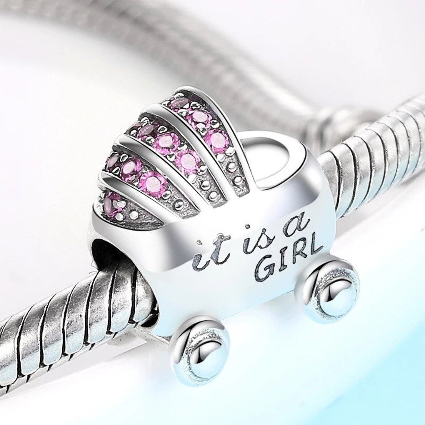 It is a Girl Baby Carriage Buggy Charm for Bracelet, S925 Sterling Silver