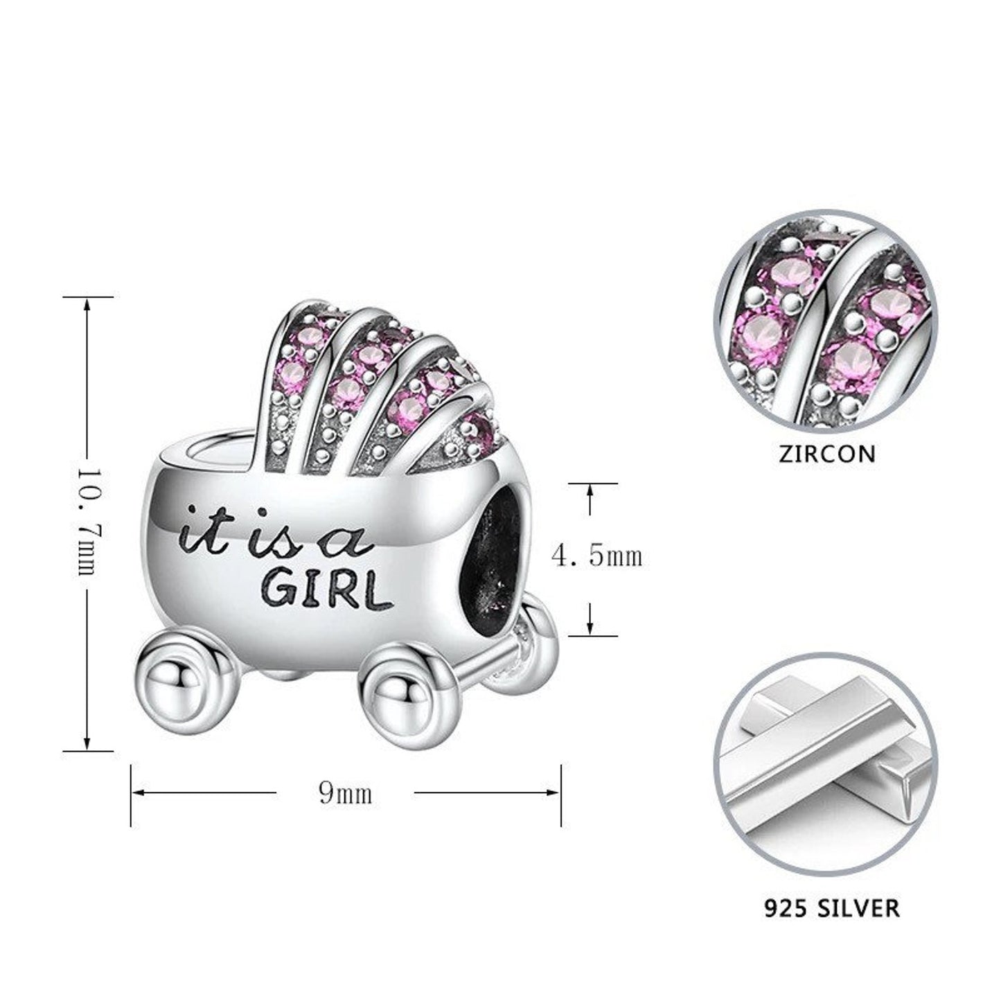 It is a Girl Baby Carriage Buggy Charm for Bracelet, S925 Sterling Silver