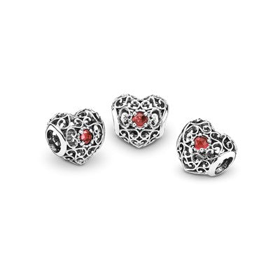 January Silver Heart With Garnet Birthstone Month Charm for Bracelet, S925 Sterling Silver