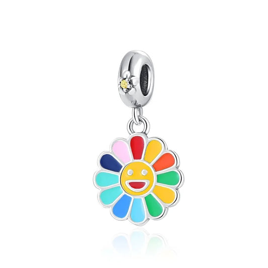 Japanese Murakami Takashi Rainbow Sunflowers Dangle Charm for Bracelet, S925 Sterling Silver